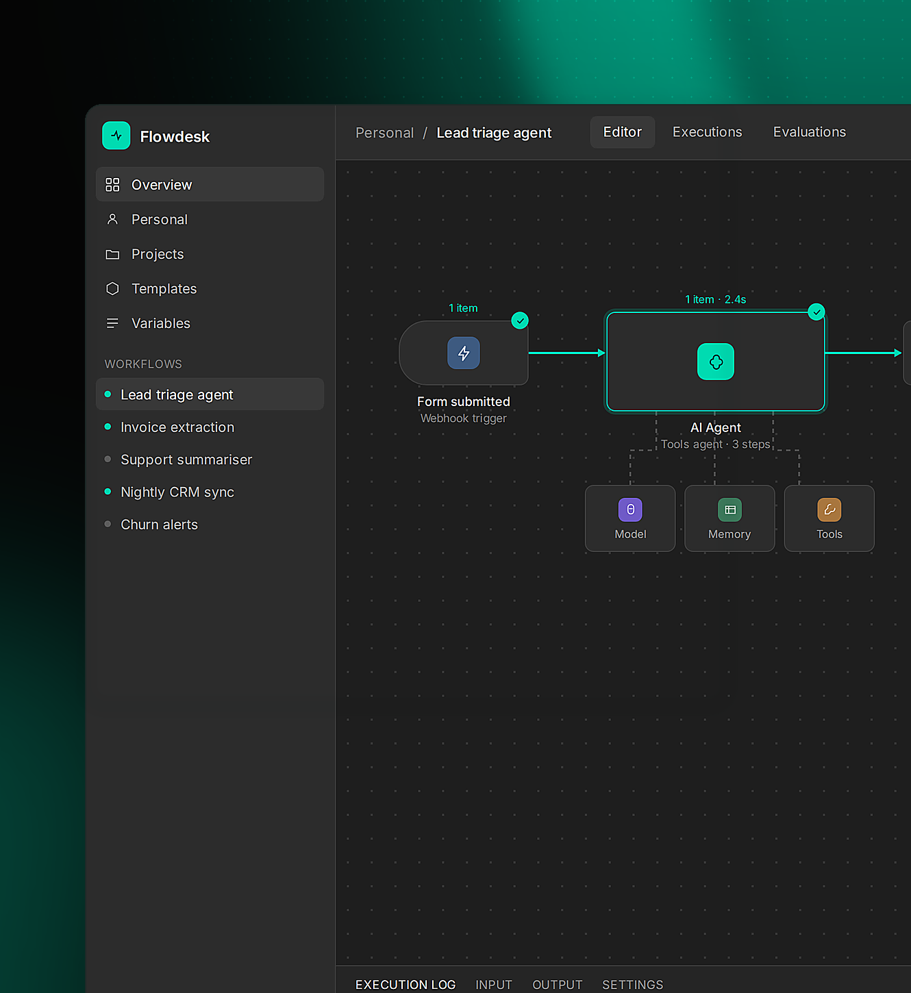 Workflow builder with an AI agent node wired to a trigger, model, memory and tools.