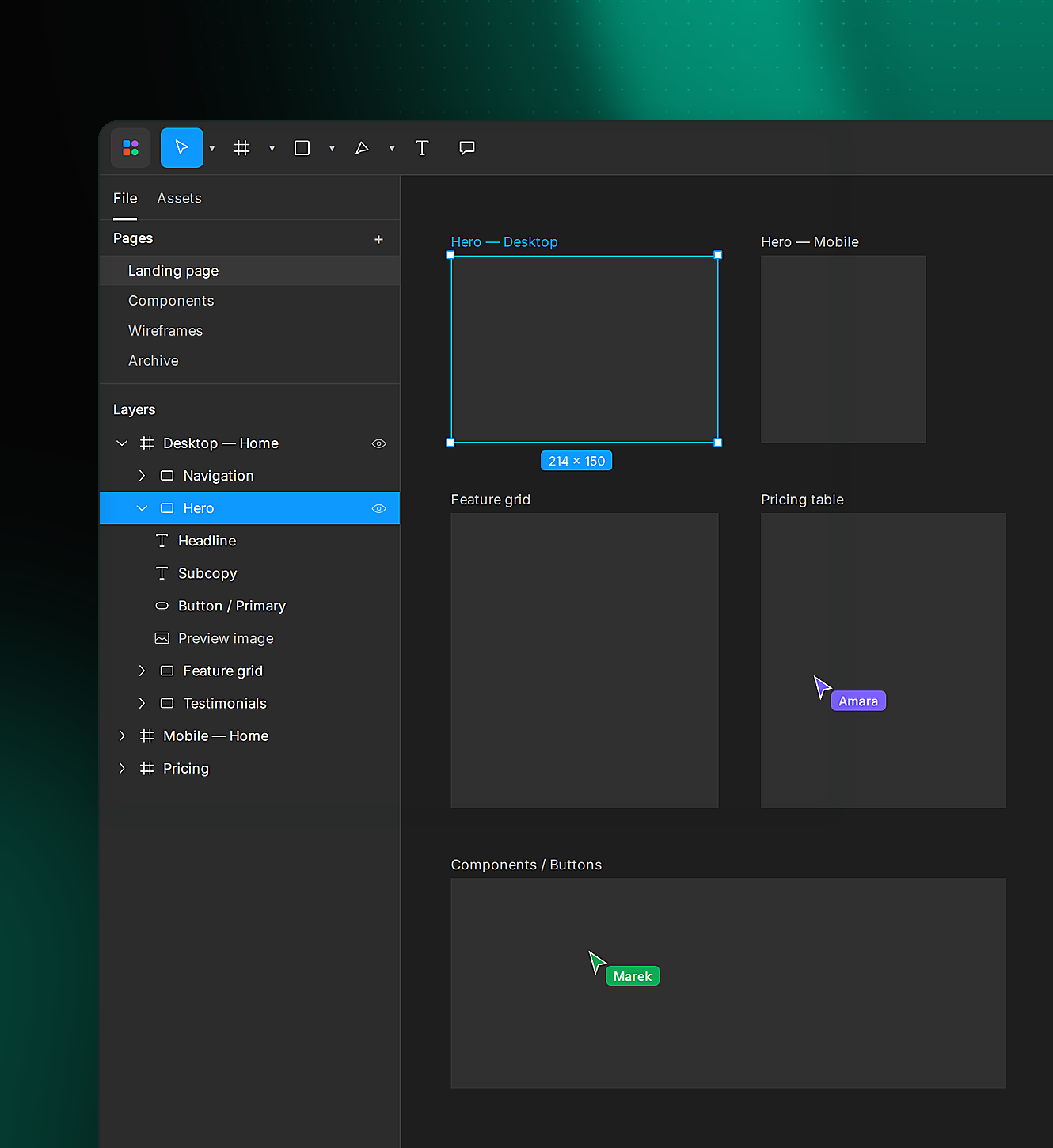 Design tool canvas with a layers panel and artboards for desktop and mobile screens.