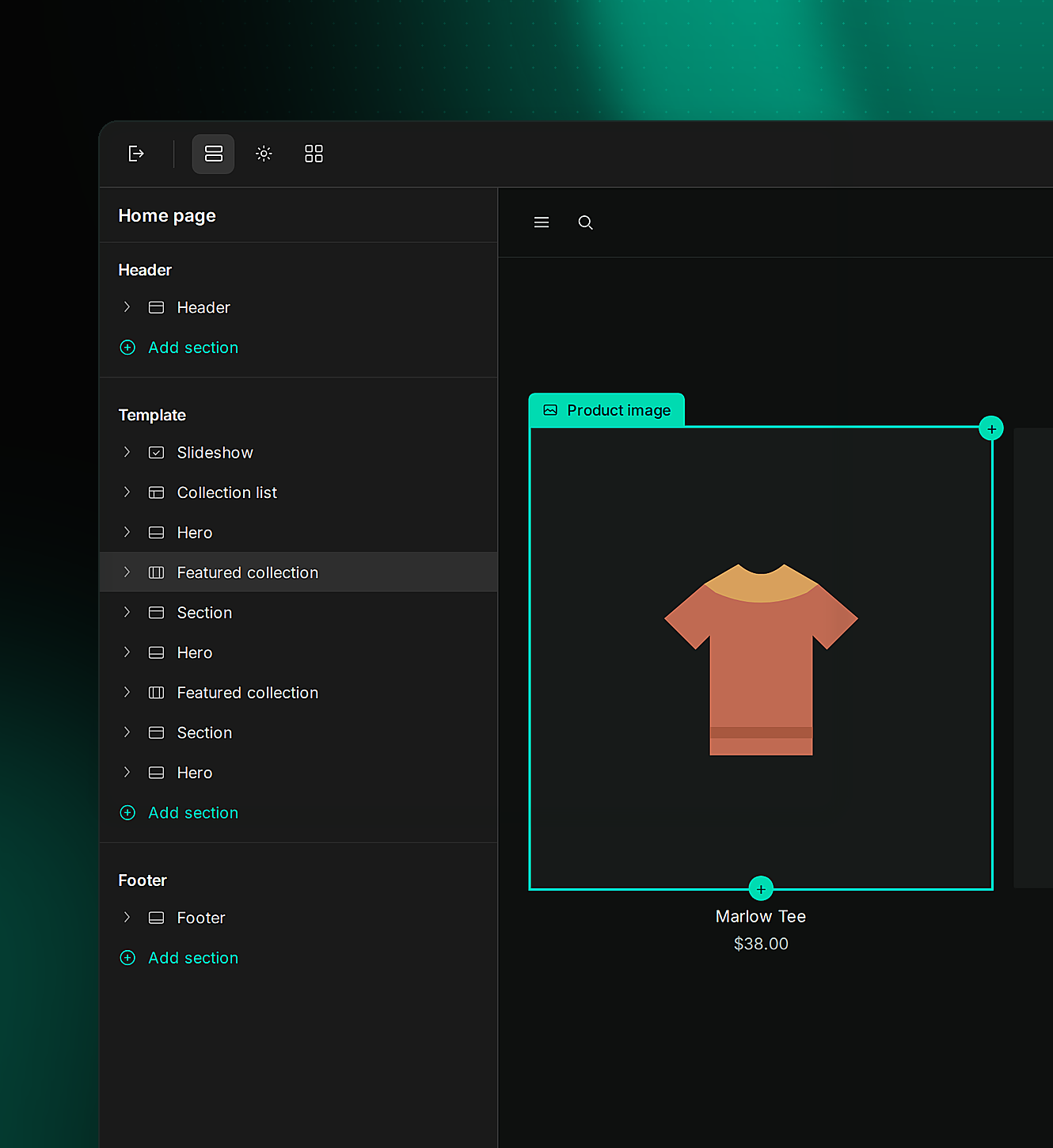 Storefront theme editor with page sections listed beside a product card being edited.