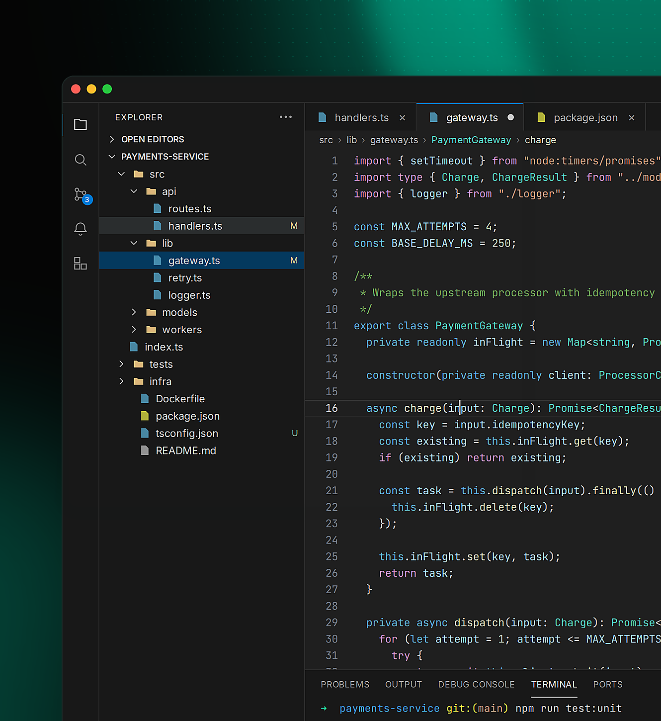 Code editor showing a payments service project with a TypeScript payment gateway open.